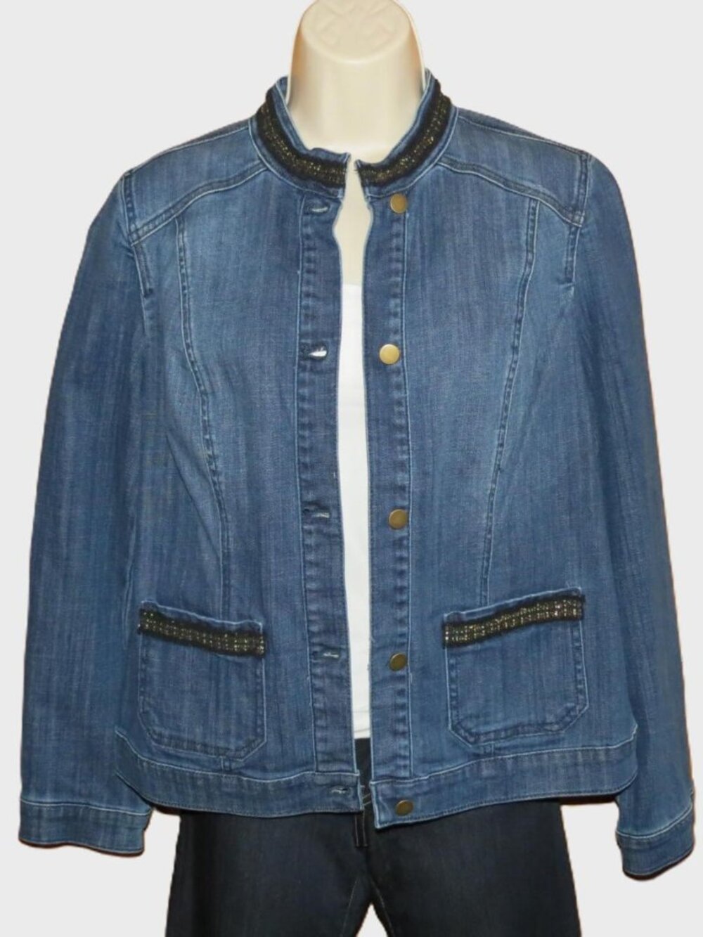 Chico's Blue Jean Jacket Button Long Sleeve Black & Gold Accents Size 0